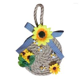 Decorative Flowers Bee Sunflower Wreath Sisal Rope Day For Front Door Decor 16cm Rustic Farmhouse Hanger Summer