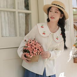 Women's Blouses Sweet Mori Girl Peterpan Collar Loose Cherry Embroidery Lace Tie Bow Doll Female Tops French Women Blusas De Chifon