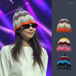 Berets Ins Same Korean Sweet Cute Contrasting Striped Pumpkin Bucket Hat Handmade Hollow Knitted Women