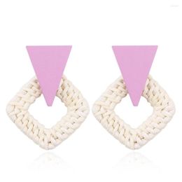 Dangle Earrings Rattan Wood - Geometric Weaving Stud Drop For Women Girls