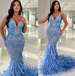 2023 May Aso ebi Crystals Mermaid Prom Dress Feather Feather recied Lace Aseval Party Second Second Disparty Congragement Dresses Robe de Soiree Zj520