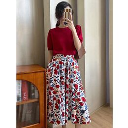 Dress 2020 New Summer Women's Red Pullover Puff Sleeve Knitting TShirt+Hight Waist Flower Printing A Line Skirt Two Piece Set