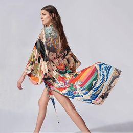 Swimwear TEELYNN Summer Kimono Bikini Cover Up Women Blouse Shirt Boho Beach Wear Chic Long Vestidos Chic Japanese Floral Print Robe 2022