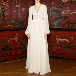 Casual Dresses Elegant White Lantern Long Sleeve Chiffon Maxi For Women 2023 Summer V-neck Draped Pleated Dress Female