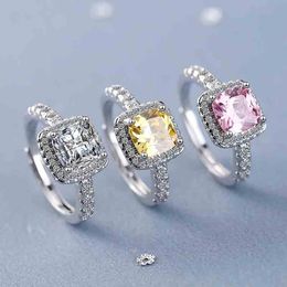 Wedding Rings Elegant Ring Fashion Pink Yellow White Square Zircon Stone Bridal Engaement Open Size For Women Jewelry Gift