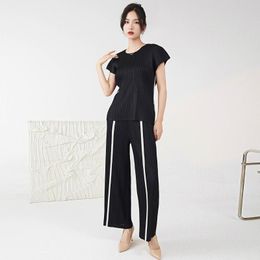 Women's T Shirts Dress Pleat Suit Round Neck Short Sleeve Top Contrast High Waist Drape Casual Straight Pants Two-piece Set