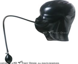 Schwarze Sexy Latexhauben Kostümzubehör mit aufblasbarem Mundball, Gummimasken und Schläuchen, Handpumpe in Übergröße 00491896435