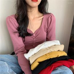 Women's Sweaters Spring Autum Square Collar Sueters De Mujer Knit Crop Top Femme Chic Button Slim Pullover Women Sweater White Long Sleeve