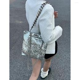 Evening Bags Silver Handbag Thick Chains Tote Fashion Sequined Shoulder Bag Metallic Crossbody For Women 2023 Luxury Designer Ladies