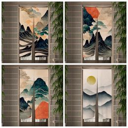 Curtain Japanese Mountain Ink Painting Door Dining Room Decor Linen Drape Kitchen Entrance Hanging Half-Curtain