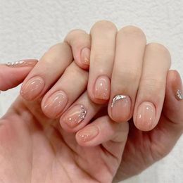 False Nails 24pcs Nude Pink Fake Nail Diamond Decor Short Glittering Press On Manicure Patch Full Finished With Jelly