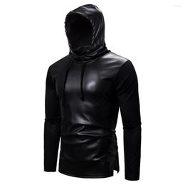 Men's T Shirts Autumn Winter Men Black PU Leather Patchwork Hip Hop Long Sleeve Shirt With Hooded Man Side Split Vintage Punk Tees Tops