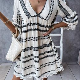 Casual Dresses 2023 Cotton Linen Women Dress Print Above Knee 3/4 Sleeve Patchwork Hook Flower Hollow Loose Waist V Neck Mini Vestidos