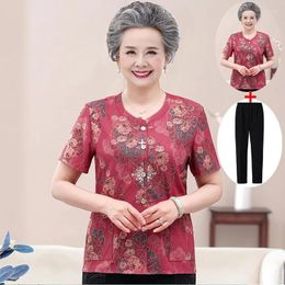 Women's Blouses 5XL Elderly Women Blouse Summer Short Sleeves Print Shirts Casual Mother Clothes Cardigan Tops Grandmother Blusa Pants Sets