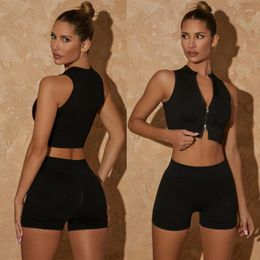 Women's Tracksuits 2 Pieces Ribbed Zip Sleeveless Sportswear Hip Lift Pants Set Seamless Fitness Clothes Suit Women Natural Colour Activewear