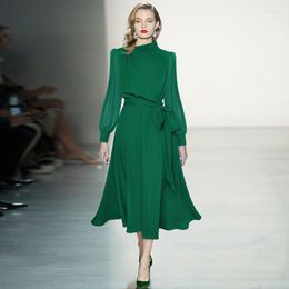 Casual Dresses Vintage Lantern Sleeve Summer Dress Women 2023 Runway Designer Elegant Long Pleated Chiffon Green Vestidos