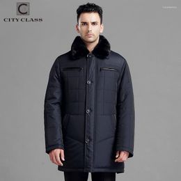 Men's Down CITY CLASS Men Thick Warm Winter Jacket Classic Slim Fit Long Coats Leather Thinsulate Removable Mink Collar Outerwear 14343