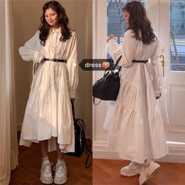 Casual Dresses Korean Chic Women's Shirt Long Dress Full Sleeve Sweet Girls Super Fairy Polo Collar Loose Mid-length French Retro Female