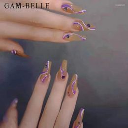 False Nails GAM-BELLE 24Pcs Nude Coffin Fake French Purple Wave Pattern Artificial Press On Full Beauty Detachable Nail Tips