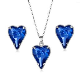 Necklace Earrings Set Trendy Crystal Earring Jewellery Heart Blue Green Pink Silver Colour For Women Girls Gift Drop