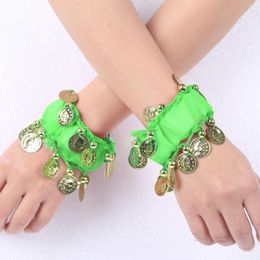 Strand 1 Pair Belly Dance Wrist Ankle Cuffs Shiny Golden Coin Chiffon Bracelets Elastic Fashion Dancing Dress Costume Accessories