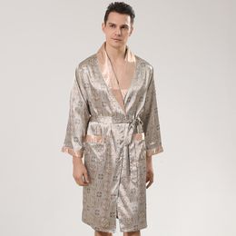 Men's Robes 5XL 4XL Men Robe Silk Bathrobe Soft Cosy Long Sleeve Nightgown OnePiece Kimono Men Bath Gown Printed Robes Home Satin Sleepwear 230512