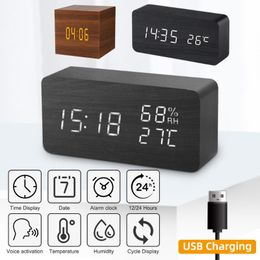 Clocks Accessories Other & Digital Alarm Clock Cube With Wooden Electronic LED Time Display For Bedside Desk Bedroom Voice Control Adjustabl
