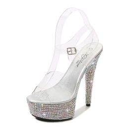 Sandals Nightclub Woman 15cm Spike Heels Sandalias Rhinestone Decoration Stage Performance Platform Pumps Plus:34-40 41