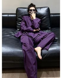 T111 Women's Two Piece Pants Purple Brown Business Suits Blazer Jacket Flare Pants Two Piece Office Female Suit