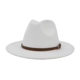 European US Women Men Artificial Wool Felt Fedora Hats with Coffee Leather Band Wide Brim Panama Jazz Cap White Black Large Size252U