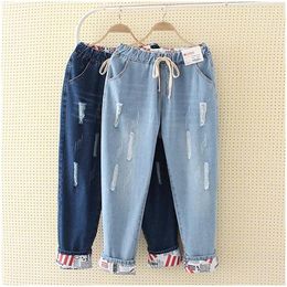 Women's Jeans Summer Cotton Loose Ankle-length Denim Women Mid Waist Straight Pants Hole Haren Plus Size