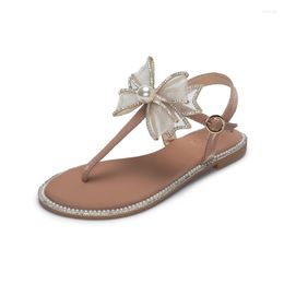 Sandali Fashion Girls Summer Pantofole Bow Flat Female External Wear Strass Pearl Women's Shoes 37-42