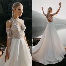 2020 Abiti da sposa in raso Boho Pizzo Scollo a buco della serratura Bottoni Indietro Abiti da sposa da spiaggia bohémien vestido de novia2867