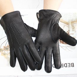 Five Fingers Gloves Deerskin Gloves Men's Leather Outer Stitching Stripes Vintage Motorcycle Riding Winter Wool Knitted Interlining 230512