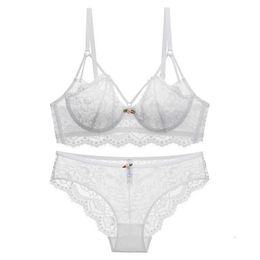 Bikini Air Bra & Panties Women New Sexy Low Waisted Thongwomen's Sexy Lace Underwear Thin Large Chest with Small Steel Ring Upper Support Hollow Gathering Bra Set