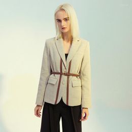 Women's Jackets High-end Luxury British Contrast Leather Stitching Strap Suit Jacket Western Fit Belt Fashion Streetwear