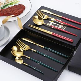 Dinnerware Sets Stainless Steel Bright Mirror Knife And Fork Gift Box Portuguese Tableware Set Of Four Black Gold Spoon Cutlery Kitchen