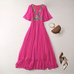 2023 Summer Pink Solid Color Pleated Dress Flare Sleeve Scoop Square Neckline Sequins Long Maxi Casual Dresses S3W110511