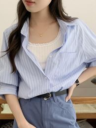 Women's Blouses 2Colors Korean Style Long Sleeve Blouse Womens Spring Autumn Striped Shirt Blue Tops 2023 Girls Outwear Coats(X2860)