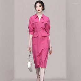 Casual Dresses 2023 Summer Women's Temperament Retro Rose Red Belt Slim Waist Workwear Dress Elegant Sheath Pencil