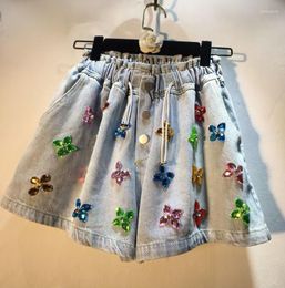 Women's Shorts Diamond Hand Beaded Colourful Crystals Jeans High Waist Slimming Wide-Leg Denim 2023 Spring Summer Short Pants