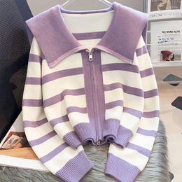 Women's Vests Striped Knitted Cardigan Women 2023 Spring Turn-down Collar Zipper Sweater Cotton Gacket Casual Female Clothing Slim Tops G136