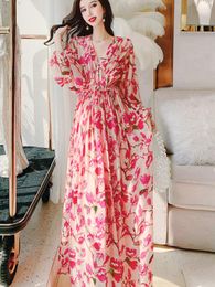 Casual Dresses Vacation Long Sleeve Chiffon Dress Woman Big Swing Floral Elegant Beach Spring Summer V-neck 2023