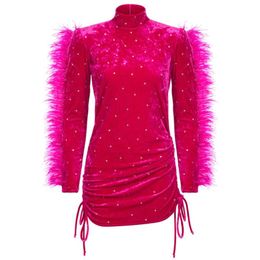 Casual Dresses High Neck Party Dress Velvet Mini Beaded For Women Long Sleeve Woman Feather Bodycon ClothingCasual