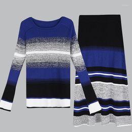 Work Dresses Two Peice Set For Women Knit Skirt Boho Striped Knitted Womens Piece Sets A Line And Top 2023 Autumn Winter Suits