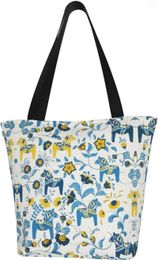 Storage Bags Scandinavian Swedish Dala Horses And Kurbits Flowers Elegant Extra Large Canvas Beach Travel Reusable Grocery Shopping Handbag