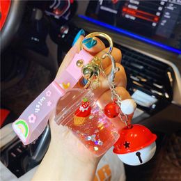 Keychains Creative Oil Cake Milk Tea Cup Liquid Floating Bottle Keychain Men And Women Couple Pendant Backpack Lanyard Holiday Decoration