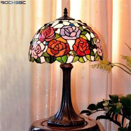 Table Lamps BOCHSBC Tiffany Style Lamp Bouquet Of Roses Leaf Multi Color Stained Glass Desk Home Dimming Pomposo Decor LED Light Retro