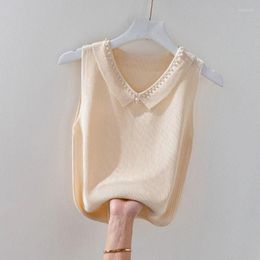 Women's Tanks Ice Silk Camisole Female Doll Collar Covering Belly Fat Mm Heavy Industry Nailed Beads Solid Colour Sleeveless Top S-3XL