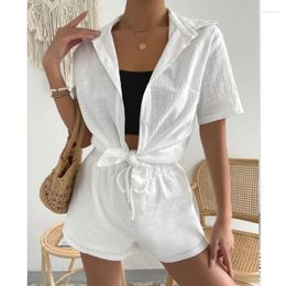 Women's Blouses Summer Cotton Linen Shirt And Wide Leg Shorts Two Piece Set Short Sleeve Drawstring Loose Outfit Casual 2 Suit 26301